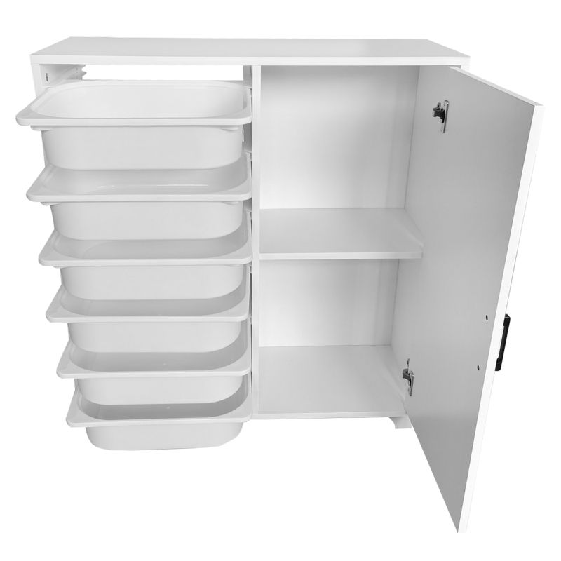 Regál so skrinkou a úložnými boxmi, biely