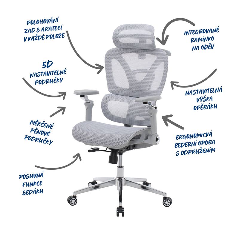 Ergonomická kancelárska stolička, sivá, so sieťovaným operadlom