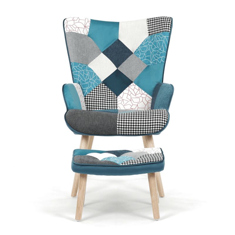 Relaxačné kreslo ušiak s taburetom, viacfarebná patchwork modrá látka