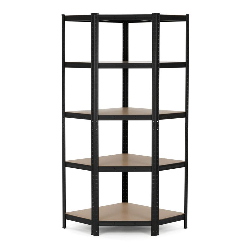 Rohový regál kovový, 75cm, čierny, s MDF policami