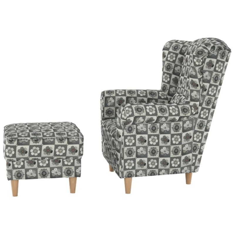 Kreslo ušiak s taburetom, látka patchwork N1