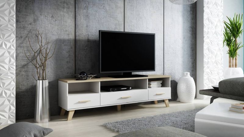 RTV stolík v škandinávskom štýle 3S3K 180, biela brylantowa matna-dub sonoma mat