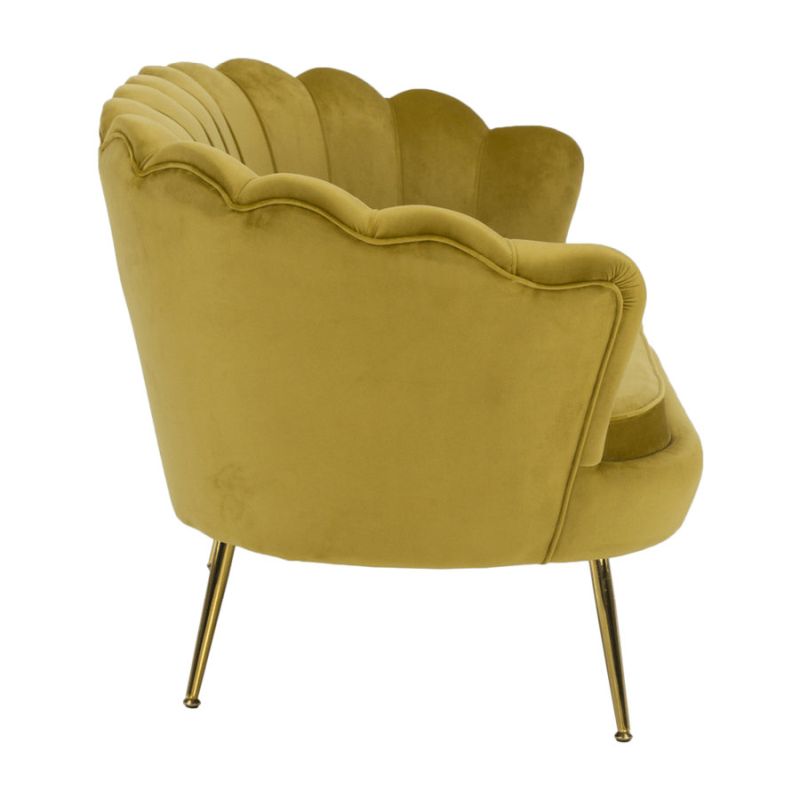 Lavica v štýle Art-deco, horčicová Velvet látka-gold chróm-zlatý