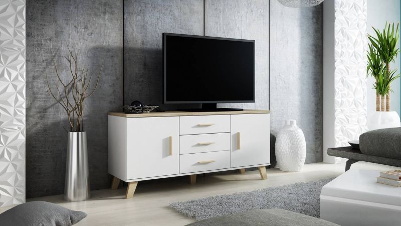 Komoda-televízny stolík s dvomi dvierkami a tromi zásuvkami, biela brylantowa matná-dub sonoma mat