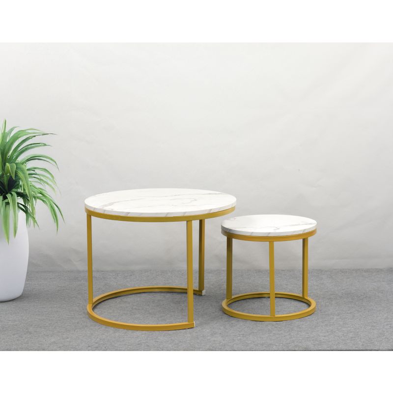 Konferenčné stolíky, set 2 ks, zlatý kov-MDF imitácia mramoru