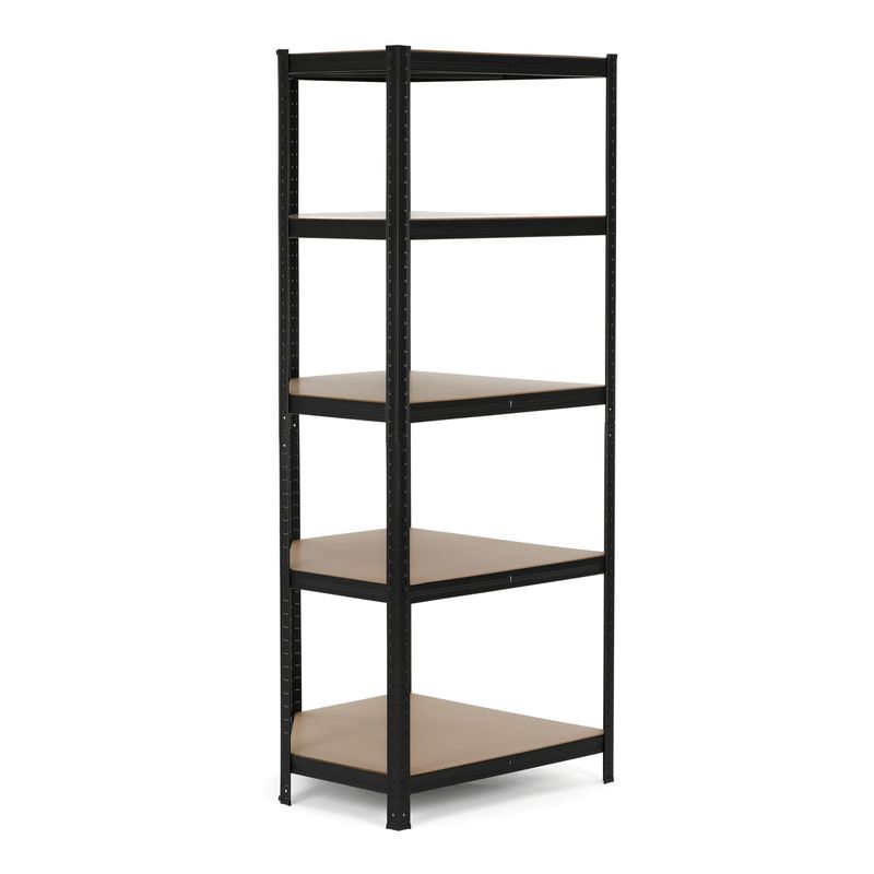 Rohový regál kovový, 75cm, čierny, s MDF policami