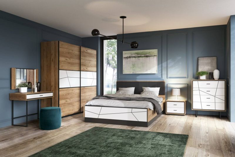 Moderný nočný stolík, dub catania-čierna perla-biely lesk
