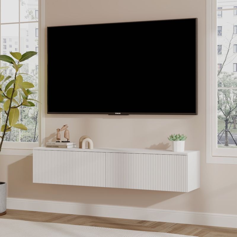 Závesný TV stolík, biely, 140cm, s ryhovanými dvierkami