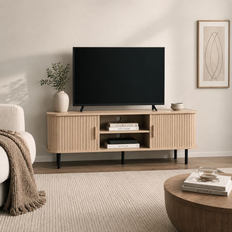 Moderný TV stolík, dub, 140cm, s posuvnými dvierkami