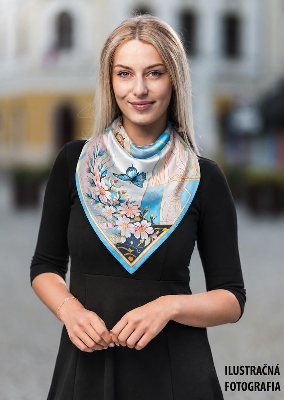 Hodvábna šatka JARNÁ ZÁHRADA – MODRÁ, 100 % prírodný hodváb, 90 × 90 cm