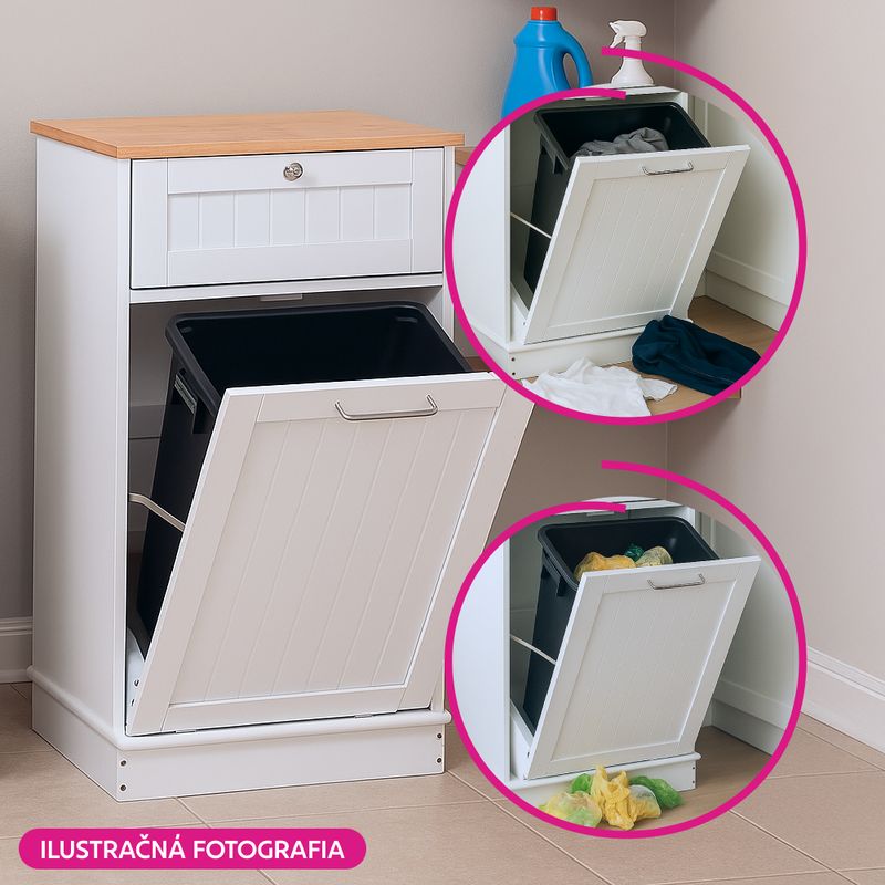 Výklopná skrinka s odpadkovým košom, biela, bambus, 51cm