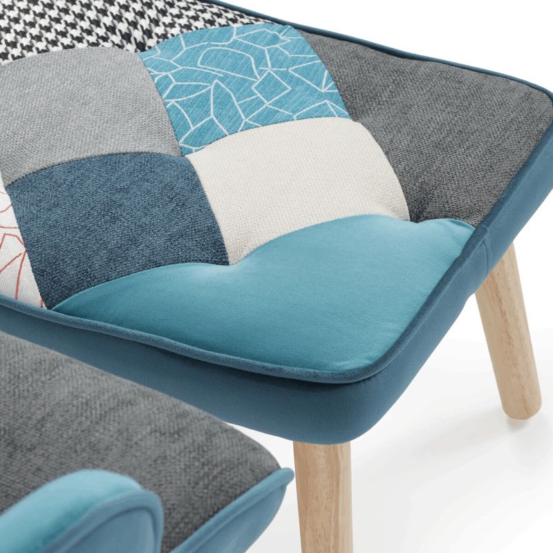 Relaxačné kreslo ušiak s taburetom, viacfarebná patchwork modrá látka