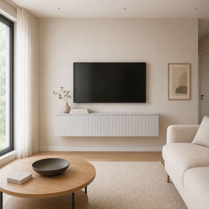 Závesný TV stolík, biely, 140cm, s ryhovanými dvierkami
