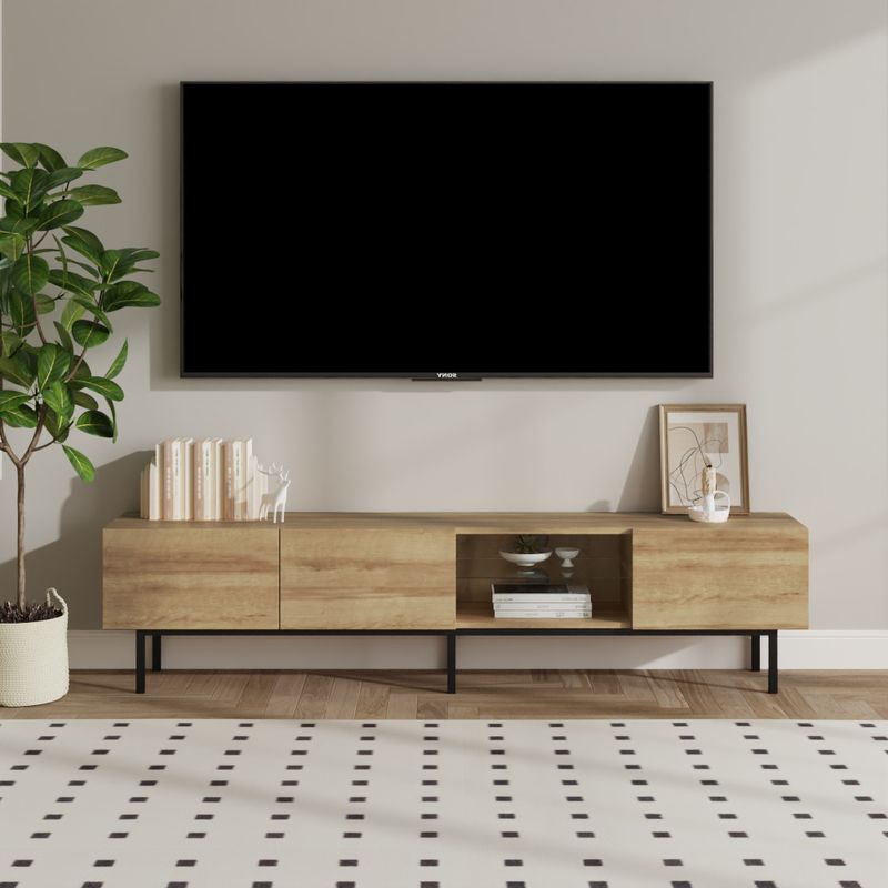Moderný TV stolík, dub, čierny, 175cm, s kovovými nožičkami