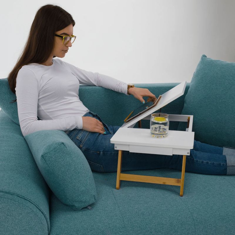 Príručný stolík na notebook/držiak na tablet, biela-prírodný bambus