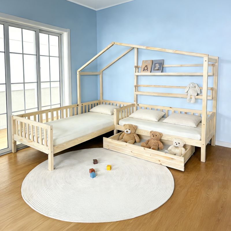 Montessori posteľ pre 2 deti 90x200 + 70x140 s roštom, prírodná