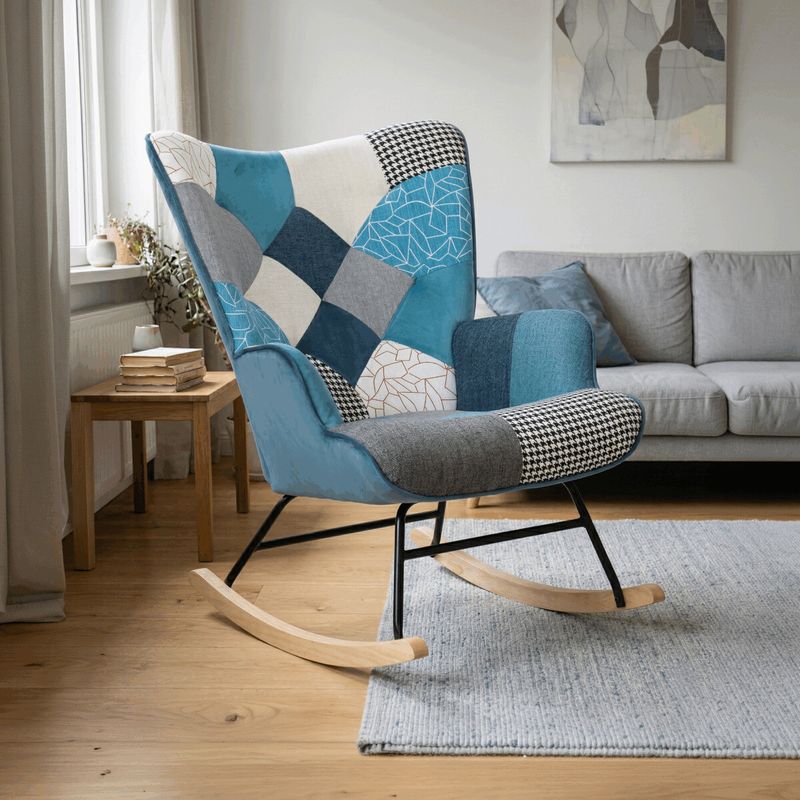 Luxusné hojdacie kreslo, modré s patchwork dizajnom