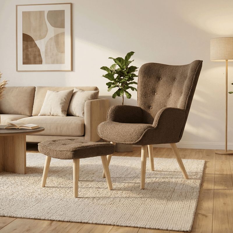 Relaxačné kreslo, ušiak, s taburetom, hnedá bouclé látka