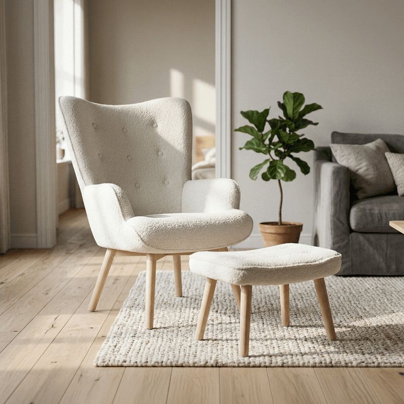 Relaxačné kreslo, ušiak, s taburetom, biela bouclé látka