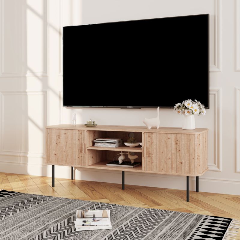 Moderný TV stolík, dub, 140cm, s posuvnými dvierkami