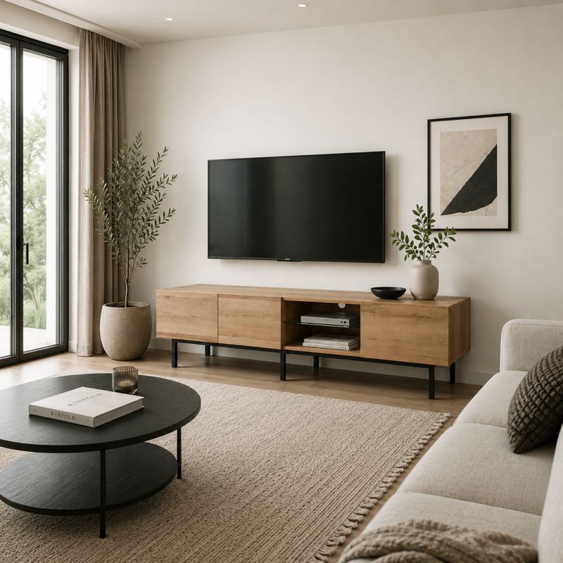 Moderný TV stolík, dub, čierny, 175cm, s kovovými nožičkami