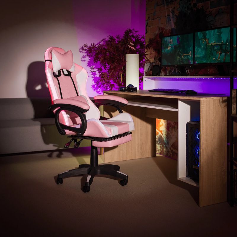 Kancelárske/herné kreslo s RGB LED podsvietením ružová/biela