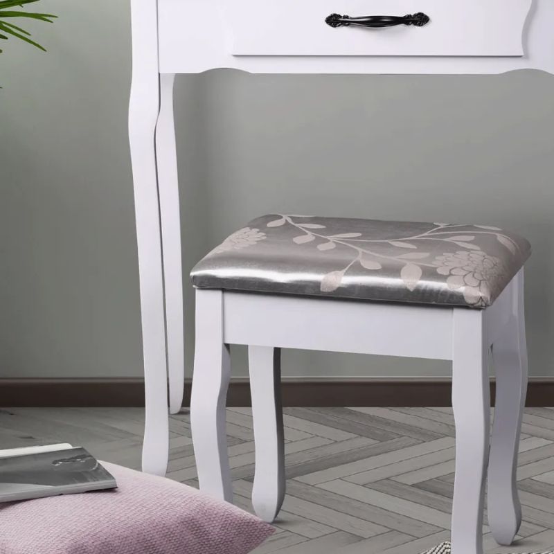 Toaletný stolík s taburetom, biela/strieborná