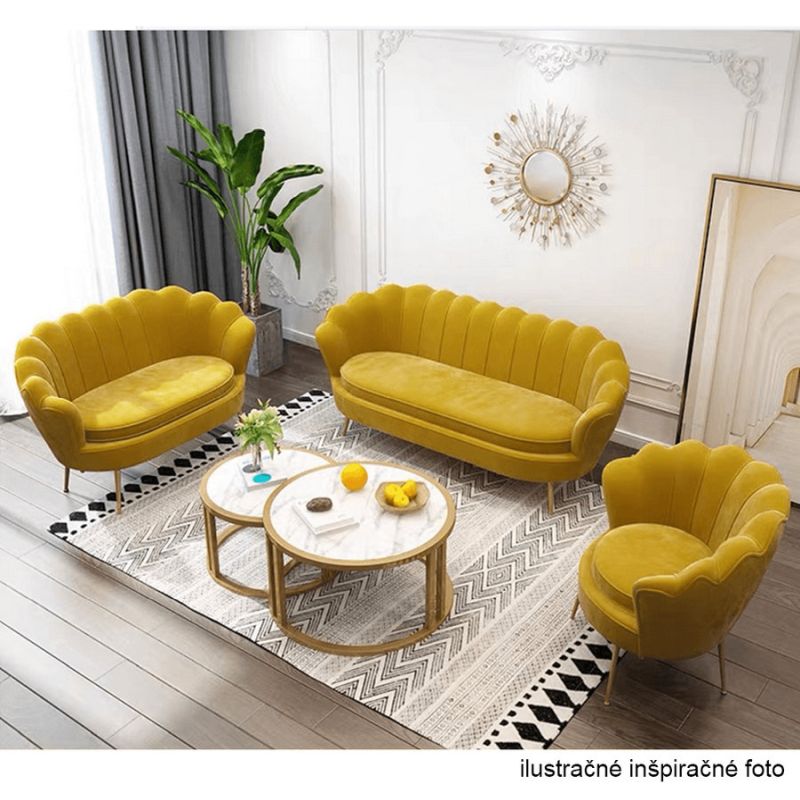 Lavica v štýle Art-deco, horčicová Velvet látka-gold chróm-zlatý