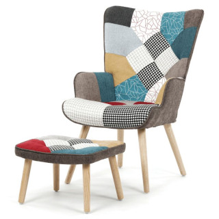 Relaxačné kreslo ušiak s taburetom, viacfarebné patchwork, látka