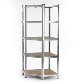 Rohový regál kovový, 75cm, strieborný, s MDF policami
