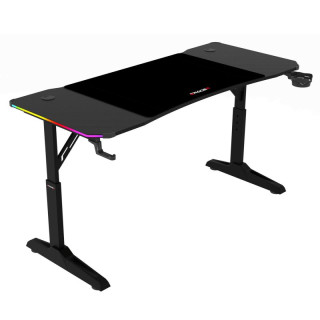 Herný stôl 140x60, RGB LED, nastaviteľná výška, čierny, s kovovou podnožou