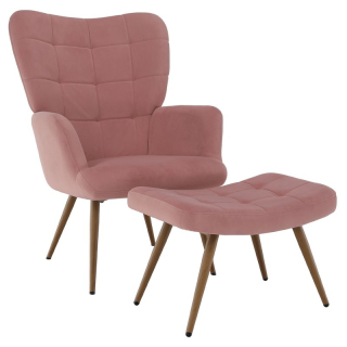 Luxusné kreslo s podnožou, ružová Velvet látka a nohy vo farbe dub