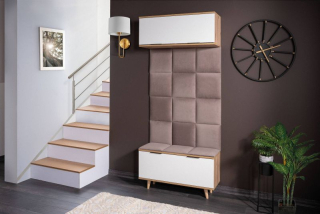 Predsieňová stena s čalúnenými panelmi, dub artisan-biely mat-béžová