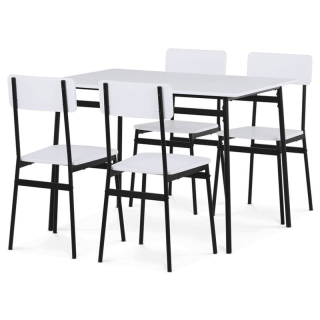 Jedálenský set 1+4, MDF biely s čiernou kovovou podnožou