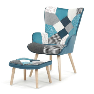 Relaxačné kreslo ušiak s taburetom, viacfarebná patchwork modrá látka