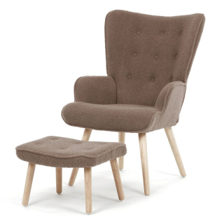 Relaxačné kreslo, ušiak, s taburetom, hnedá bouclé látka