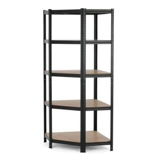 Rohový regál kovový, 75cm, čierny, s MDF policami
