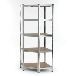 Rohový regál kovový, 75cm, strieborný, s MDF policami