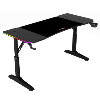 Herný stôl 140x60, RGB LED, nastaviteľná výška, čierny, s kovovou podnožou