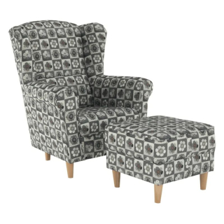 Kreslo ušiak s taburetom, látka patchwork N1